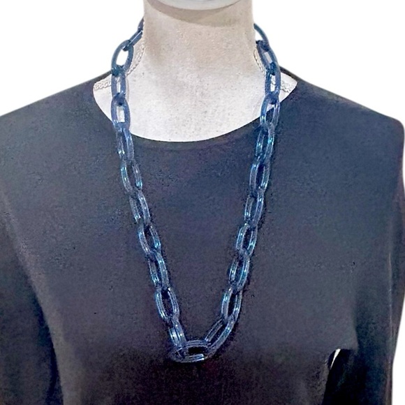 J crew teal resin oval link & tie black ribbon Necklace marked - Picture 2 of 7